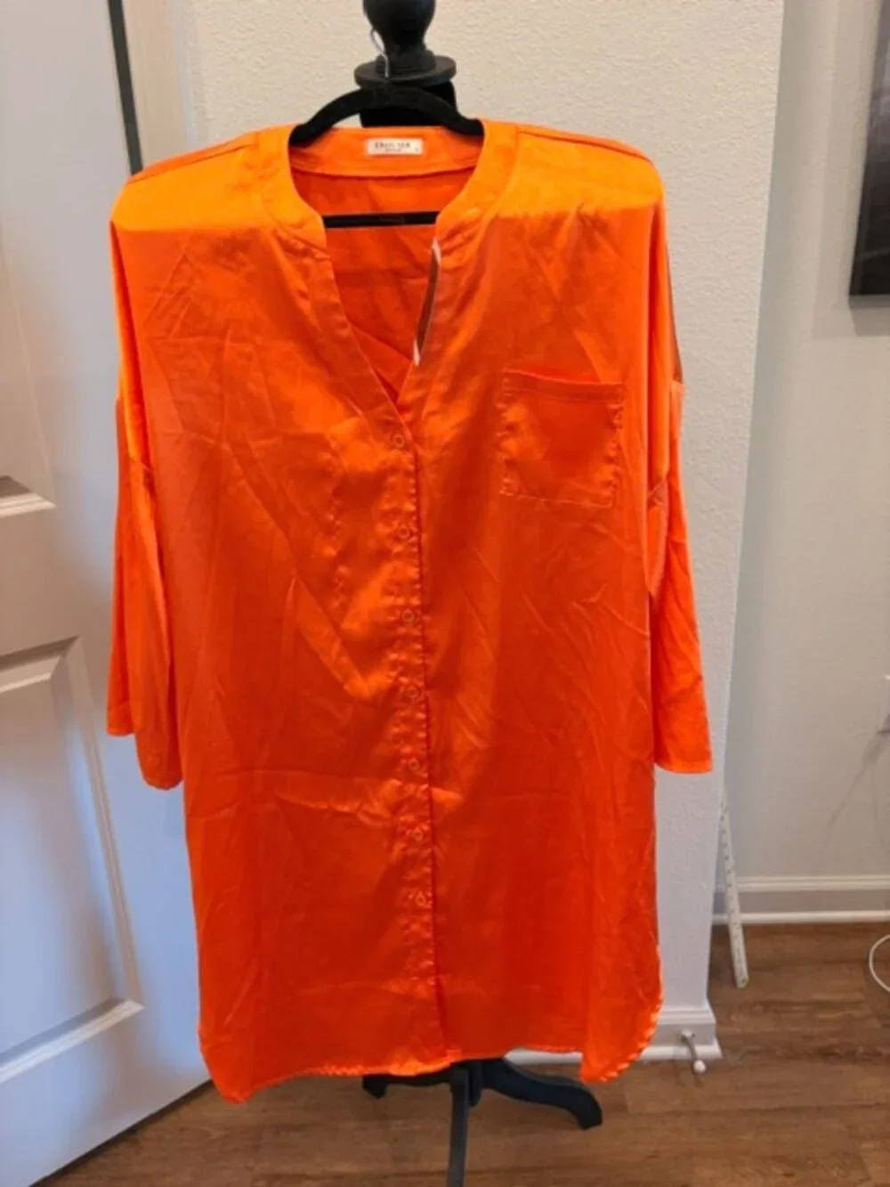 Women's XL oversized orange button silk night shirt